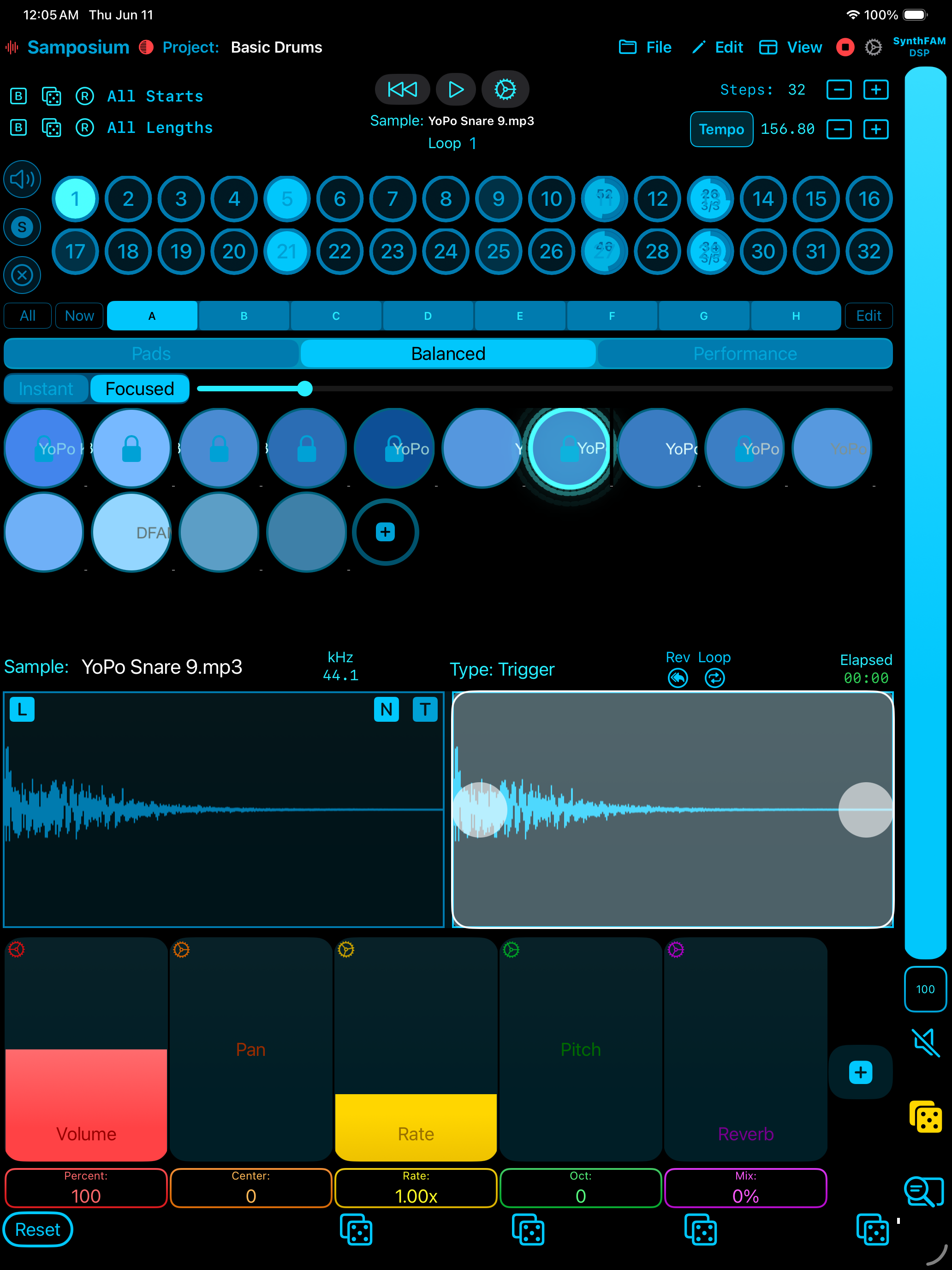Samposium, Basic Drums project, cyan theme, on iPad